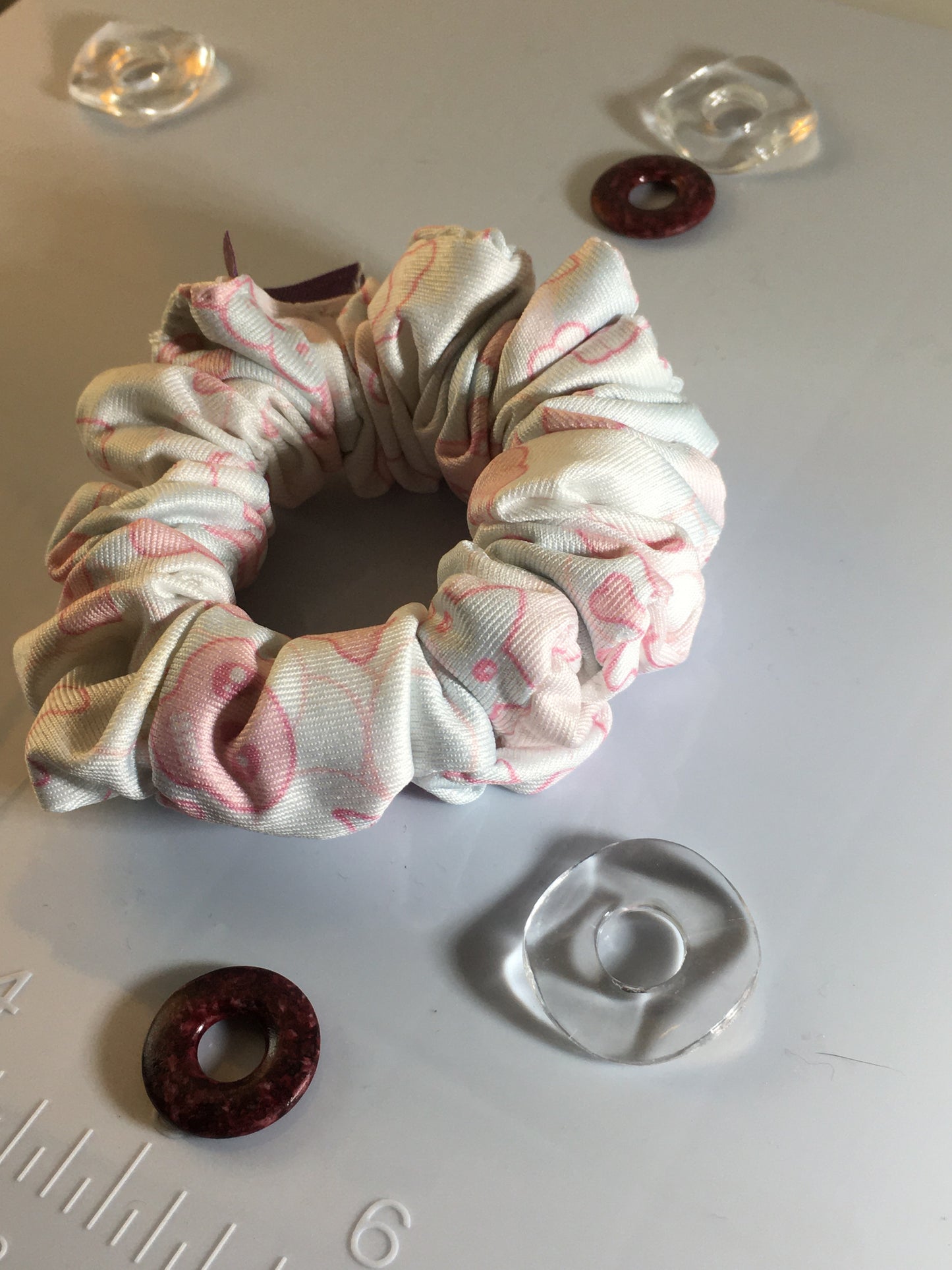 Sugar Bones Scrunchy – Pastel Pink Kitten & Skull Print Hair Tie”