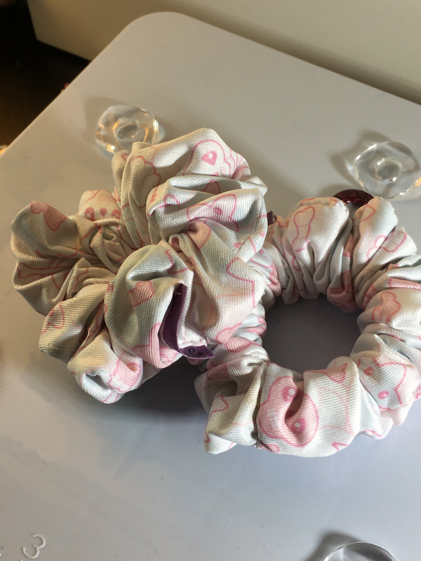 Sugar Bones Scrunchy – Pastel Pink Kitten & Skull Print Hair Tie”