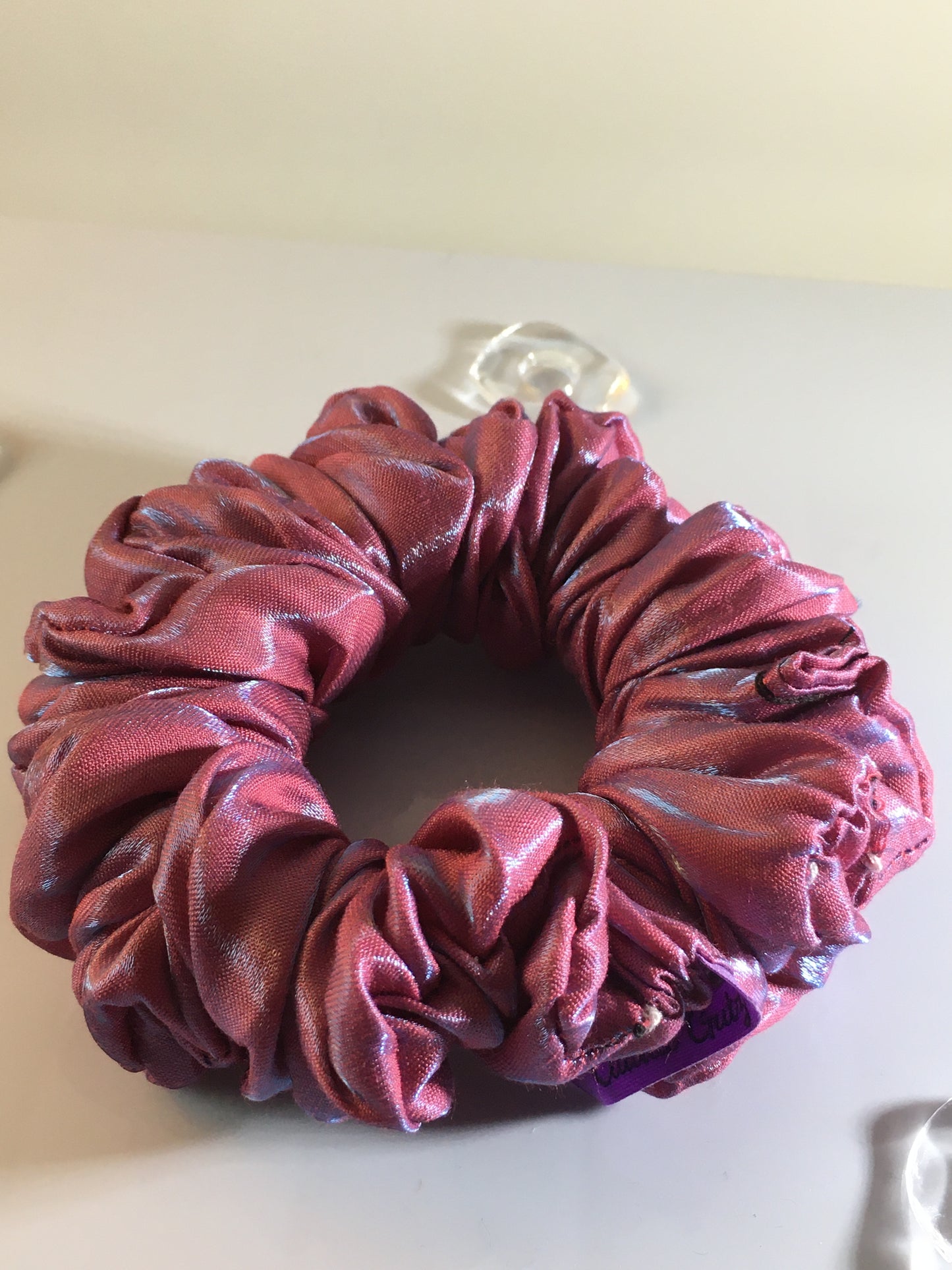 Glimmer Puff Scrunchy – Iridescent Pink & Blue Satin Hair Tie”