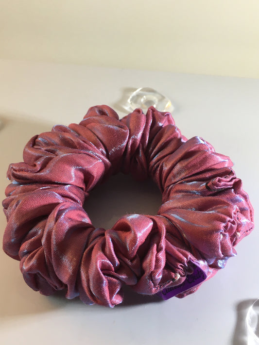 Glimmer Puff Scrunchy – Iridescent Pink & Blue Satin Hair Tie”