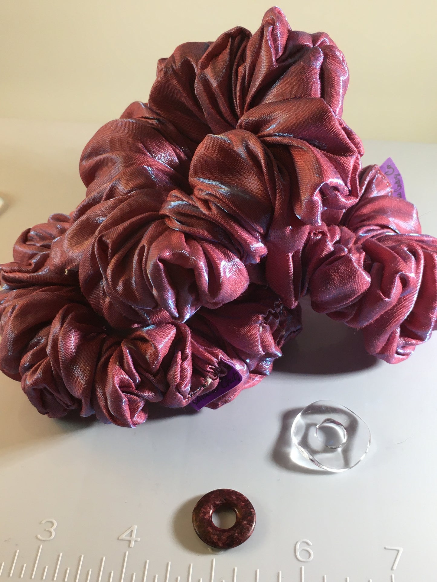 Glimmer Puff Scrunchy – Iridescent Pink & Blue Satin Hair Tie”