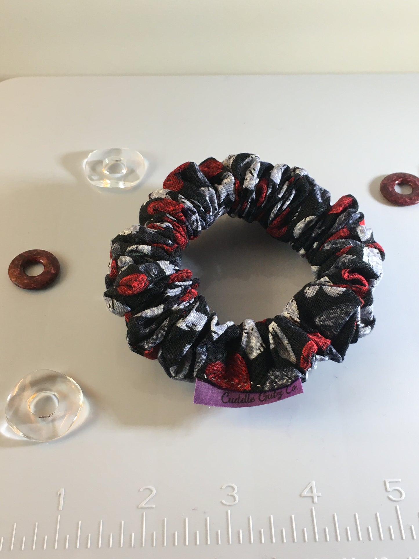 Romantic Rebel Scrunchy – Red, Black, and White Heart Pattern Hair Tie