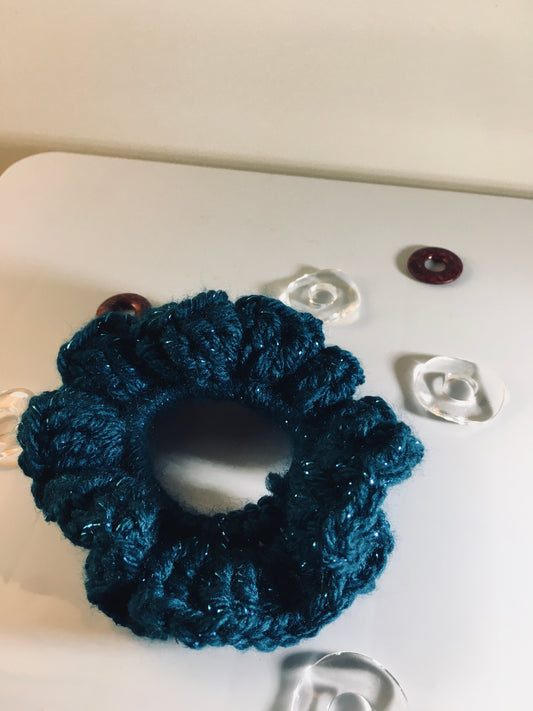 Midnight Garden Crochet Scrunchy – Dark Teal Glitter Yarn Hair Tie”