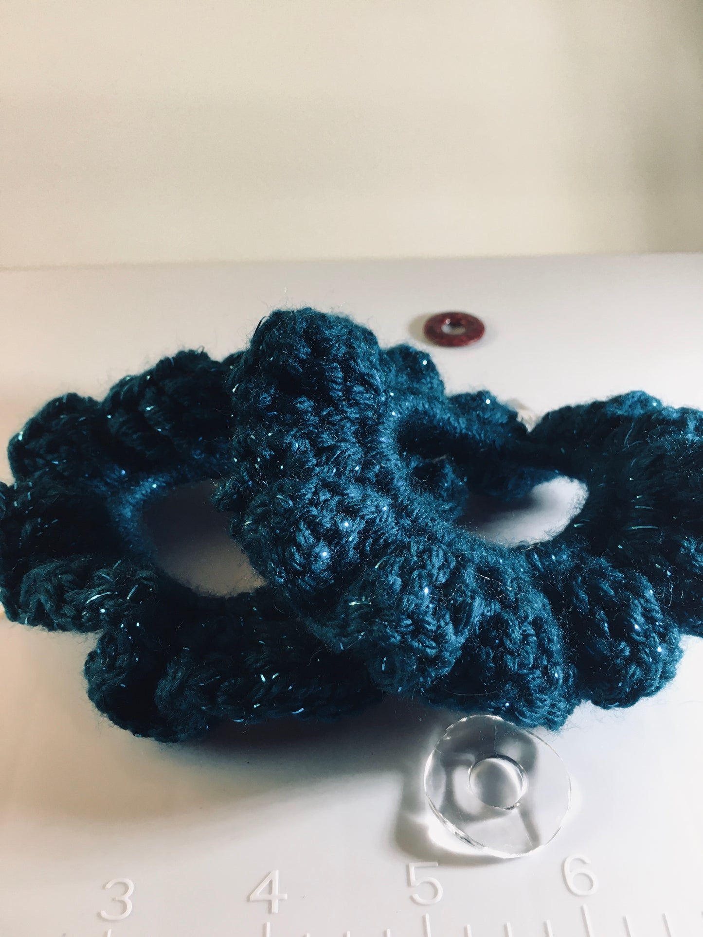 Midnight Garden Crochet Scrunchy – Dark Teal Glitter Yarn Hair Tie”