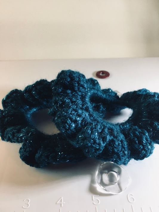 Midnight Garden Crochet Scrunchy – Dark Teal Glitter Yarn Hair Tie”