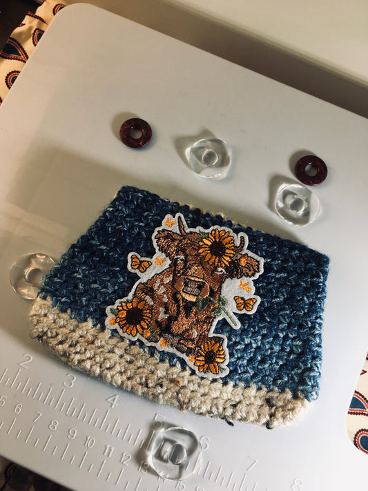 Highland Cow & Sunflowers Pouch – Rustic Blue & Beige Crochet”