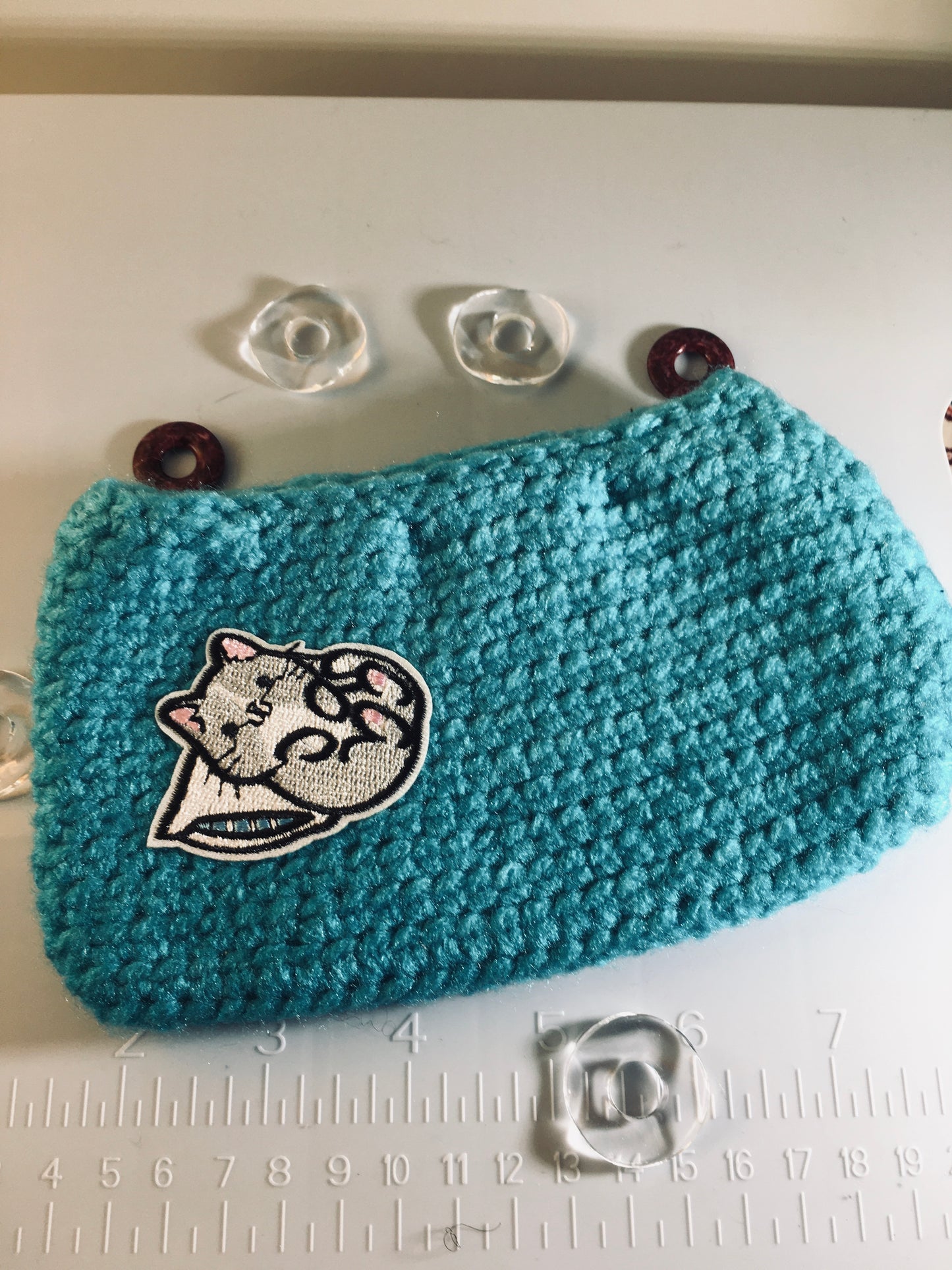 Pillow Cat Mini Pouch – Teal Crochet with Sleepy Cat Embroidery”