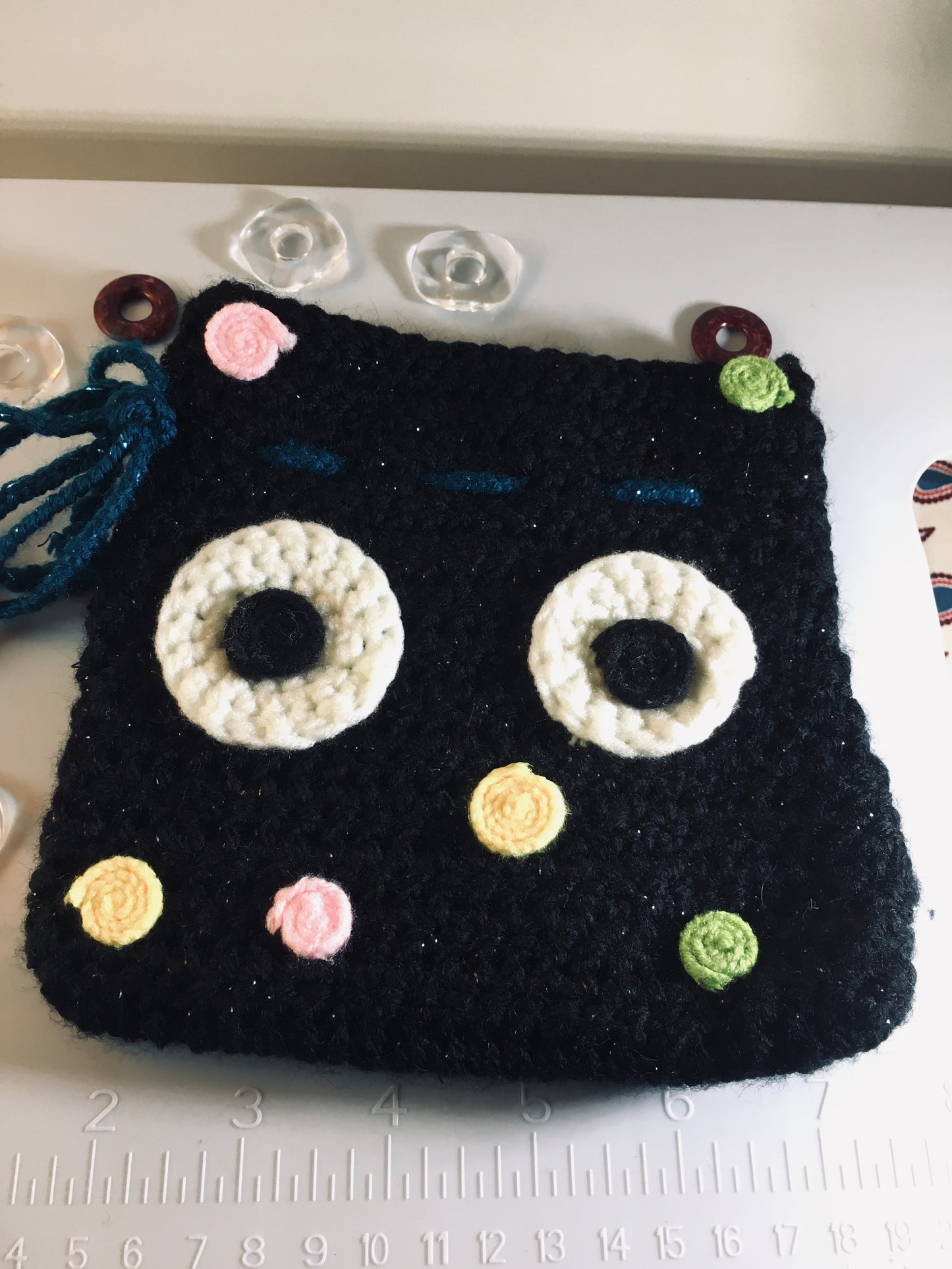 Soot Sprite Candy Pouch – Black Drawstring Crochet Bag with Ghibli-Inspired Eyes”
