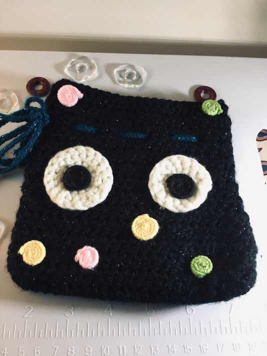 Soot Sprite Candy Pouch – Black Drawstring Crochet Bag with Ghibli-Inspired Eyes”