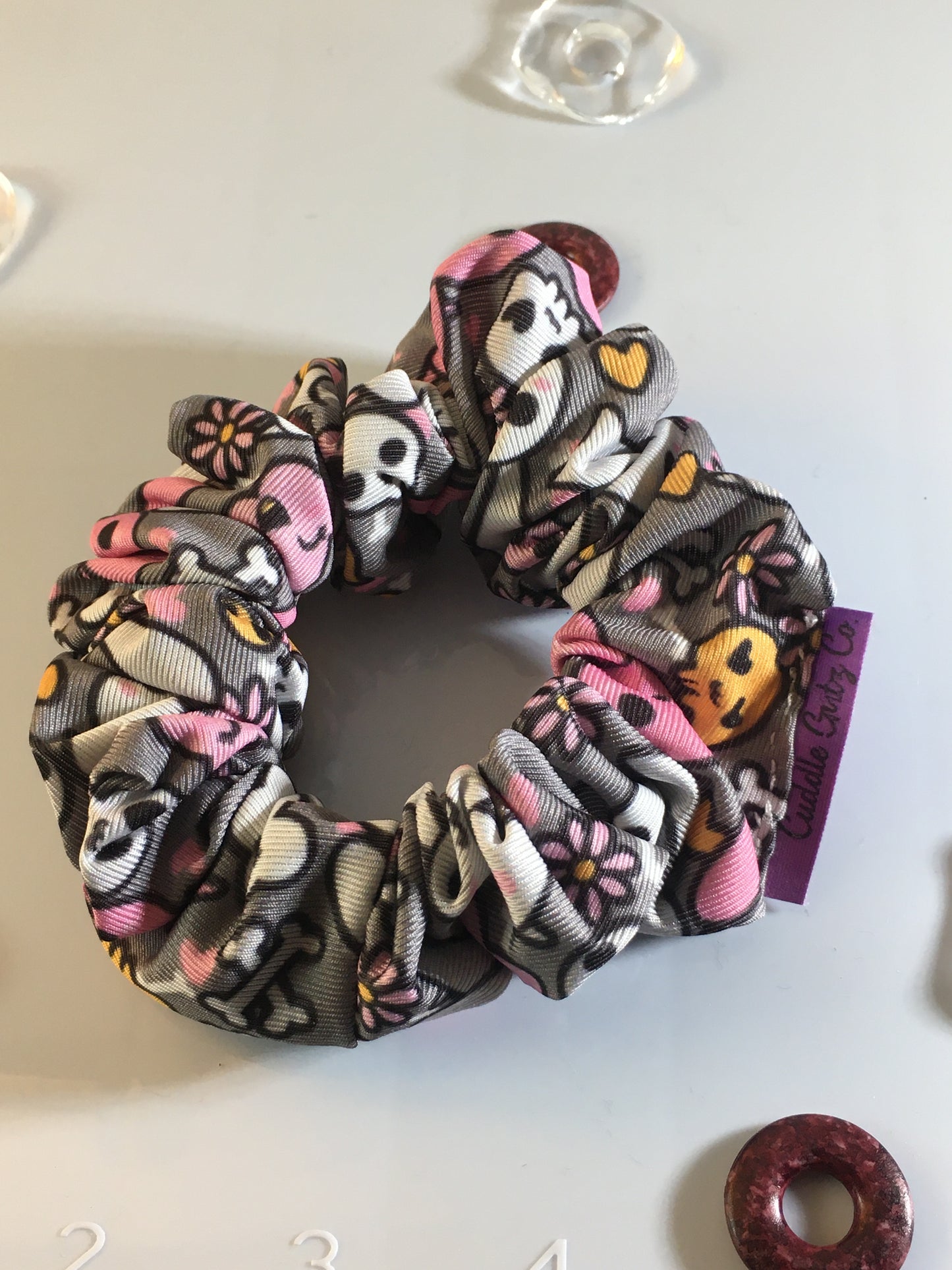 “Bunny Bones Scrunchy – Gray Kawaii Bunny & Bones Hair Tie”