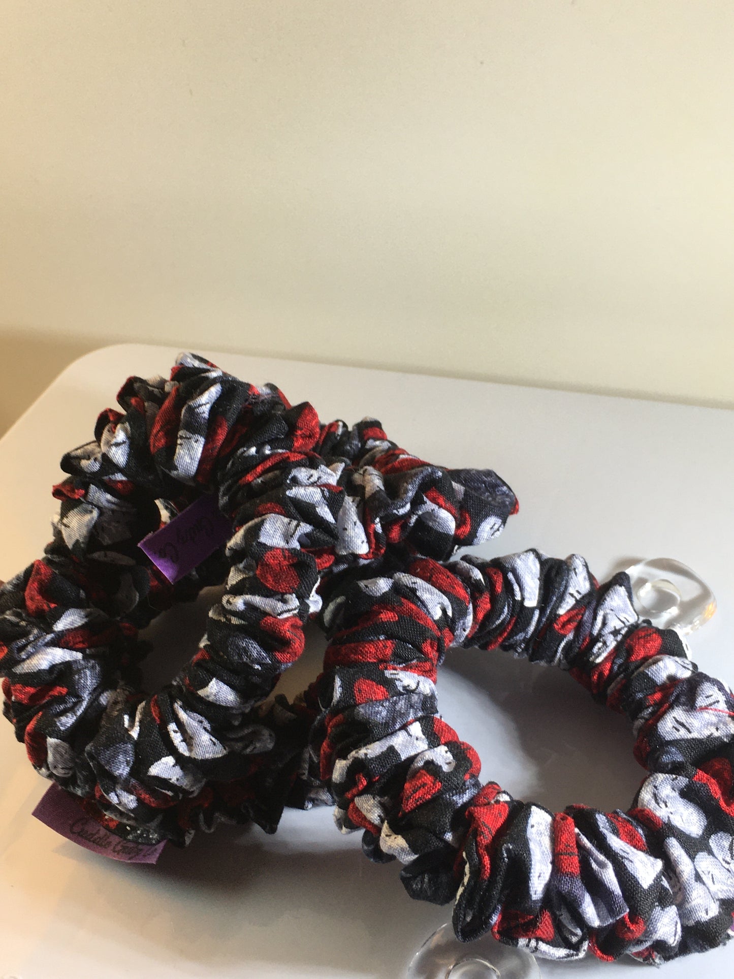 Romantic Rebel Scrunchy – Red, Black, and White Heart Pattern Hair Tie