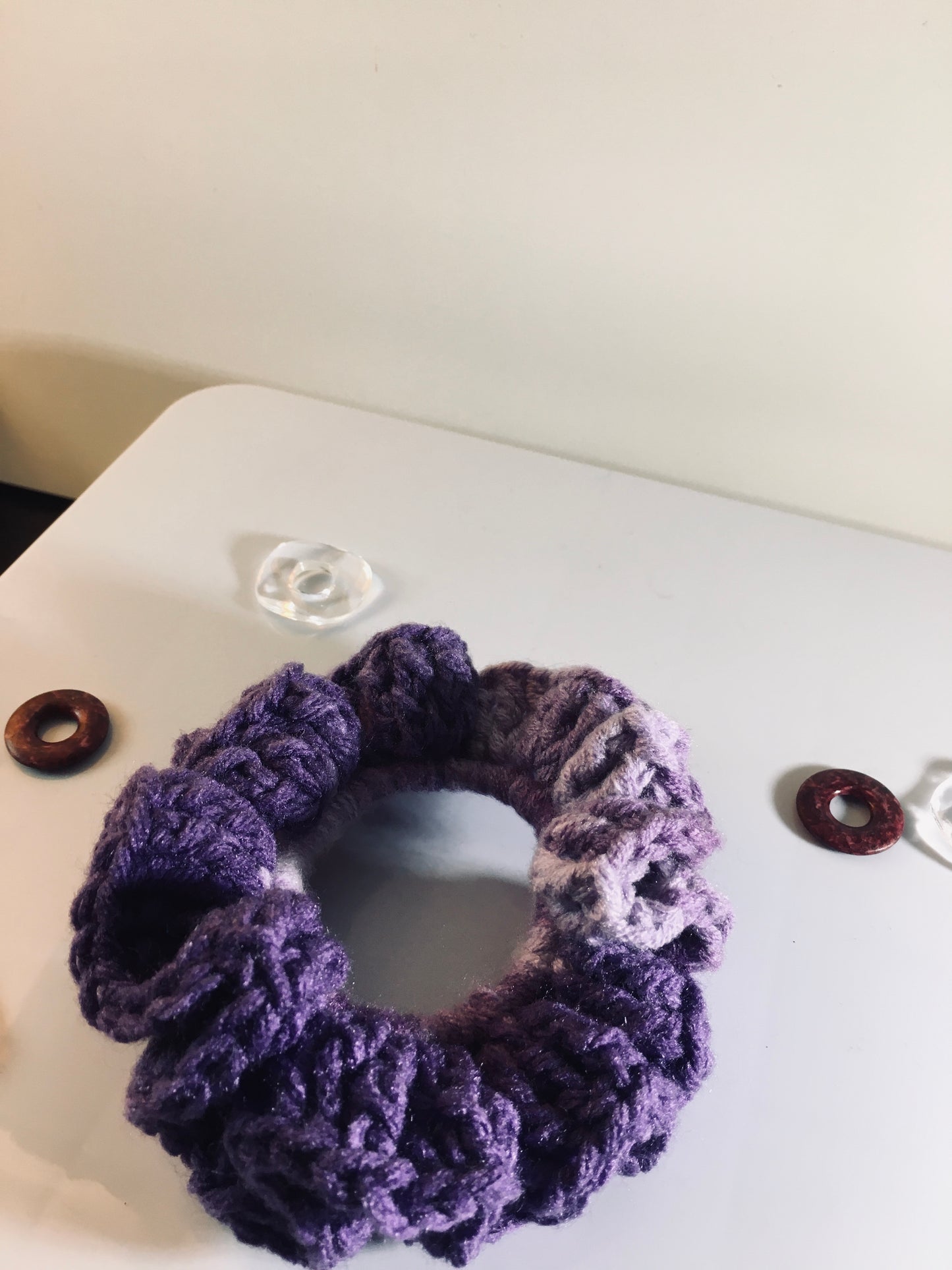 Moonflower Crochet Scrunchy – Purple Ombre Handmade Hair Tie”